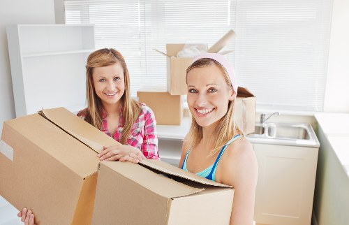 Mover carrying a boxed item carefully during a relocation
