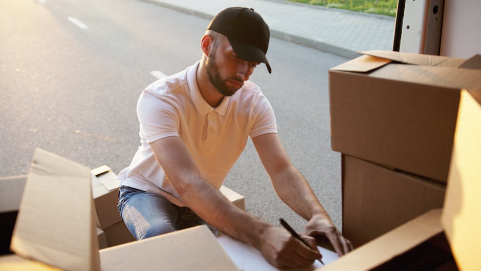 A man wearing a black cap, white polo shirt, and jeans is kneeling on the pavement next to an open cardboard box during a home relocation. He is writing or marking on a sheet of paper placed inside th